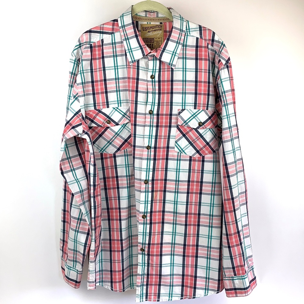 Men US Expedition Plaid Long Sleeve XL Cotton Snap Front Shirt Melon/White/Green